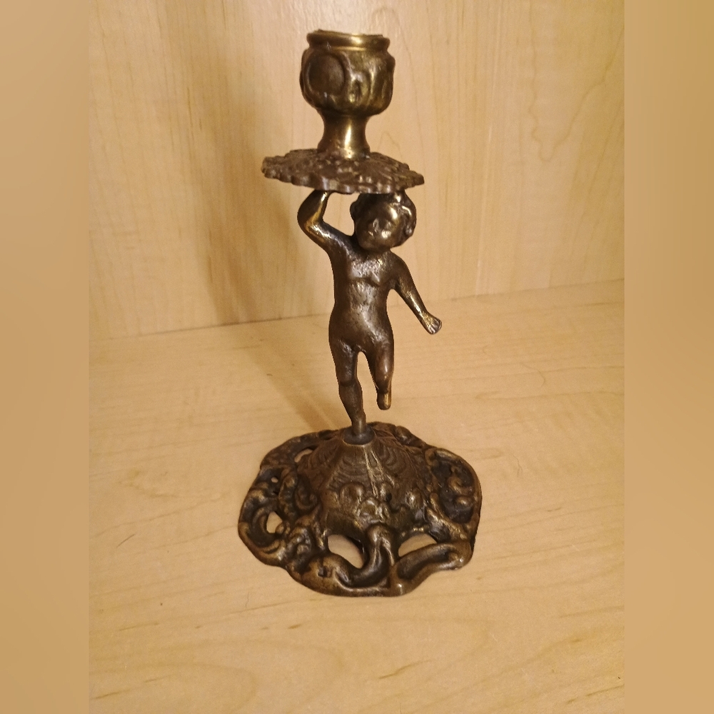 Bronze Candle Holder Figurine Statue Cherub Vintage